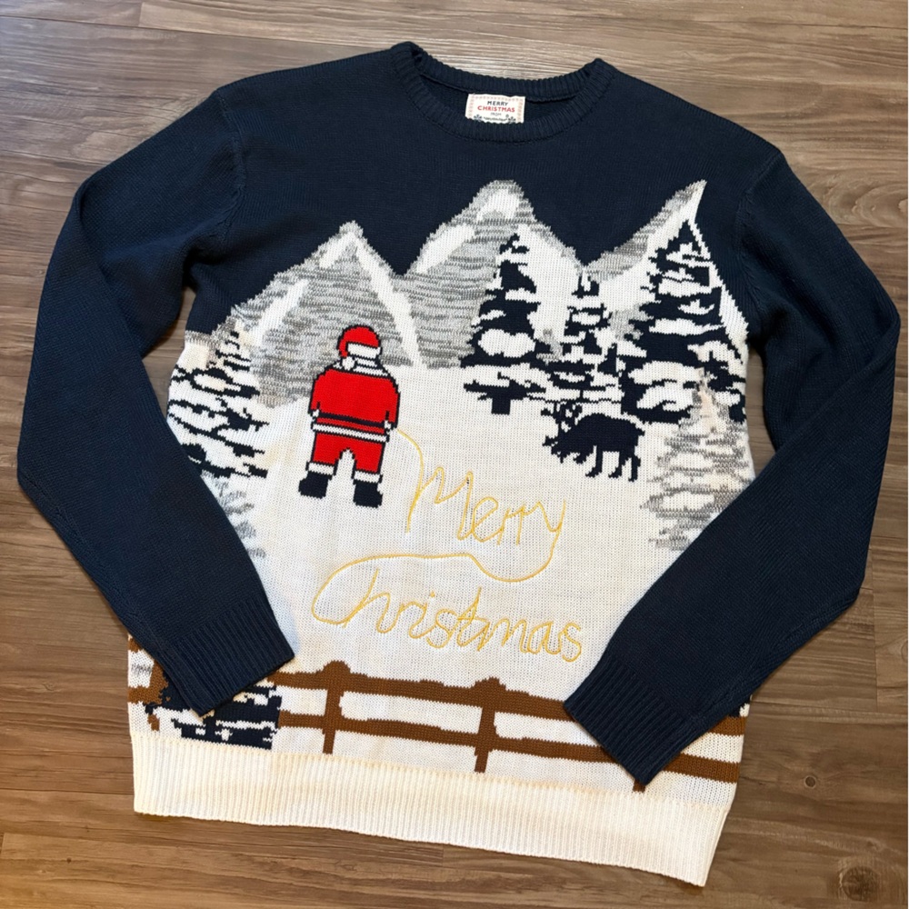 Daisys Boutique Navy Ugly Christmas Sweater with Santa Peeing